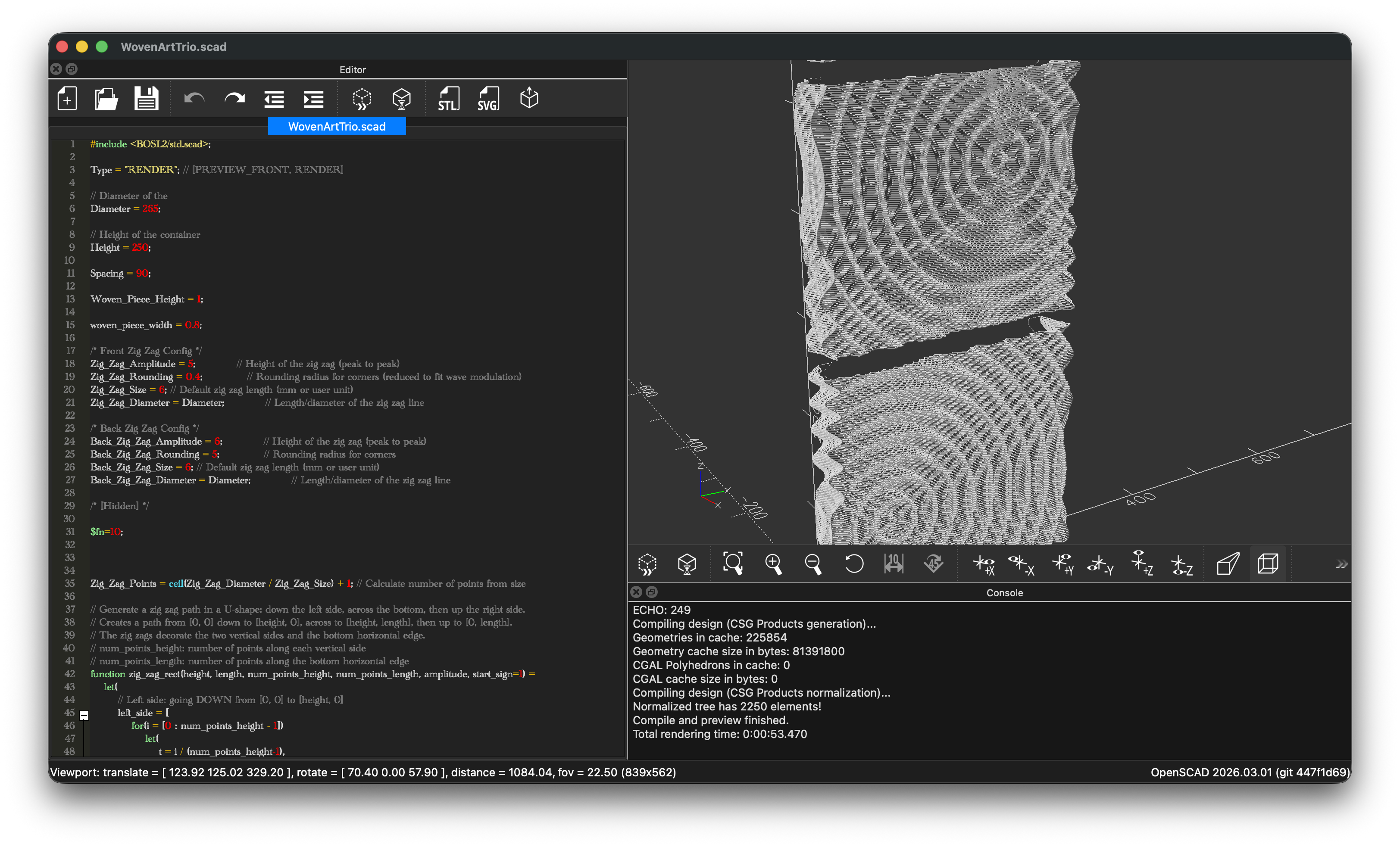 OpenSCAD interface showing code and 3D model